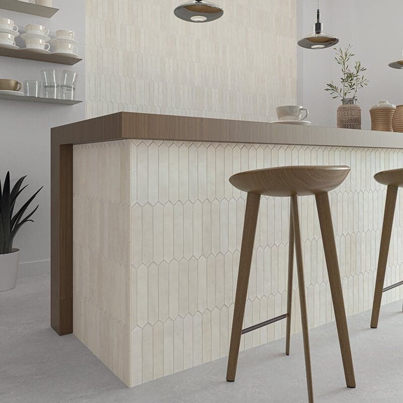 Ivory picket tile backsplash in a kitchen