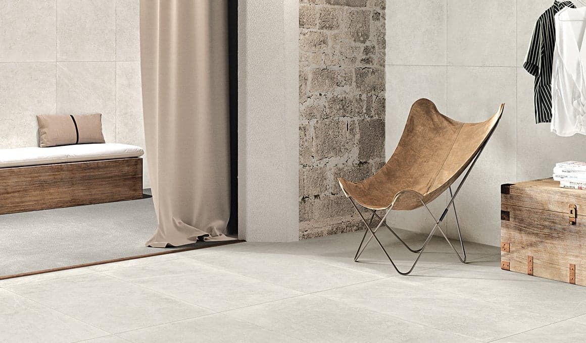 Large format porcelain floor tile in a living space